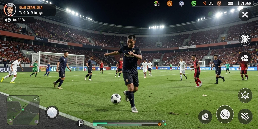 Screenshot gameplay FW66 menunjukkan aksi seru di lapangan sepak bola.