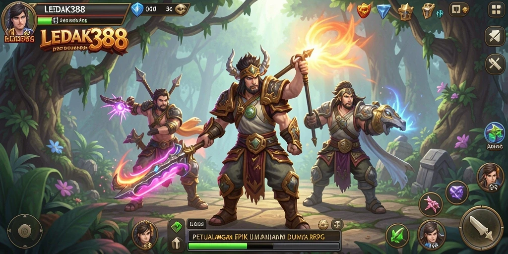 Screenshot utama LEDAK388 menampilkan karakter beraksi di dunia RPG yang penuh petualangan.