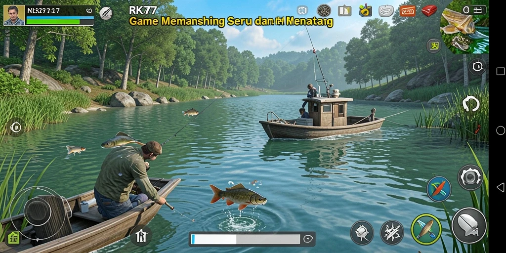 Tampilan gameplay RK77 yang menunjukkan pengguna menangkap ikan besar.