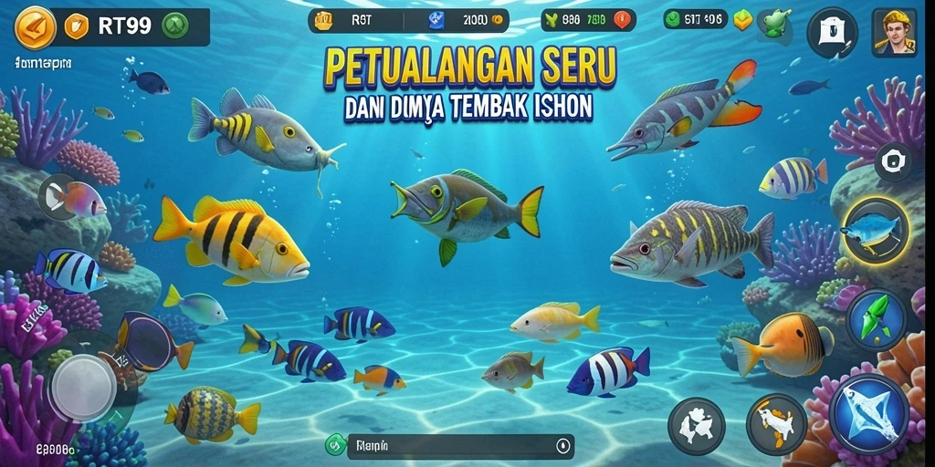 Tampilan gameplay seru Tembak Ikan di RT99 dengan efek visual menakjubkan.
