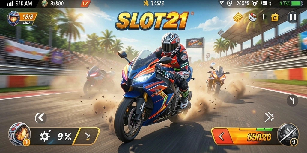 Gameplay SLOT21 yang seru menampilkan balapan motor yang mendebarkan.