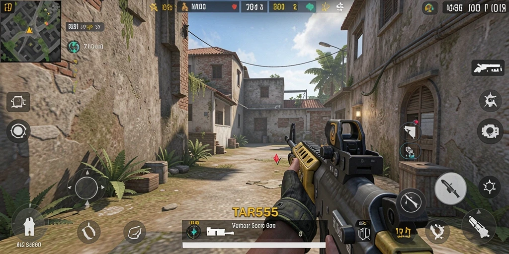 Tangkapan layar dari TAR555 menampilkan aksi gameplay FPS yang intens.