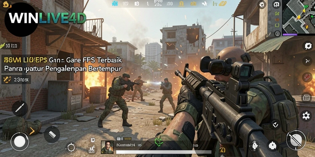 Screenshot gameplay WINLIVE4D menunjukkan aksi pertempuran yang intens di medan perang.